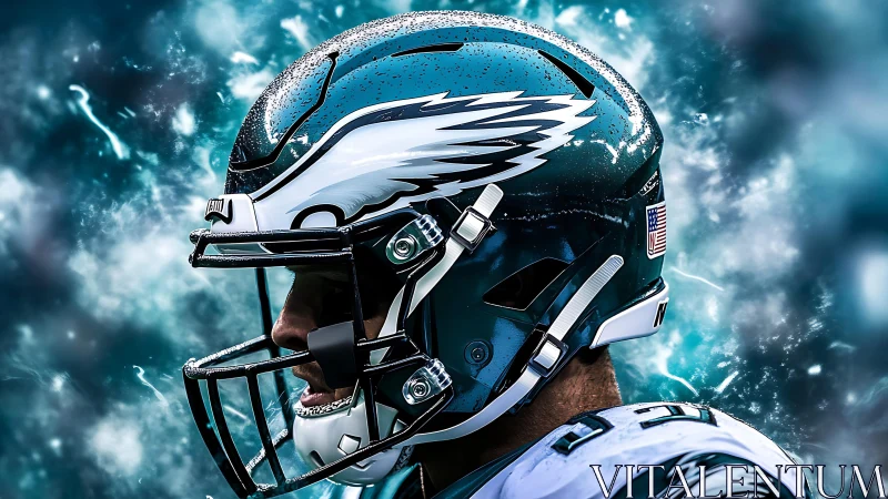 Powerful football player stands ready in bold teal helmet