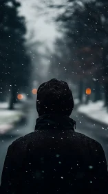 Quiet winter walk with soft snow and gentle city lights.