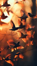 Digital painting of backlit birds in warm bokeh flight study.