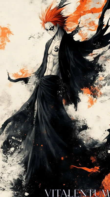 Ember-haired reaper walks through inkstorm and falling embers.