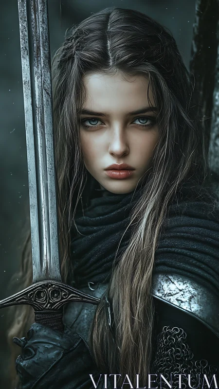 Photorealistic portrait of armored female warrior with sword.