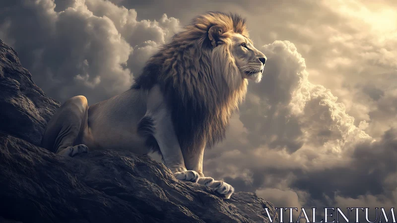 Male lion on rocky ledge against dense cloudy sky at dusk.