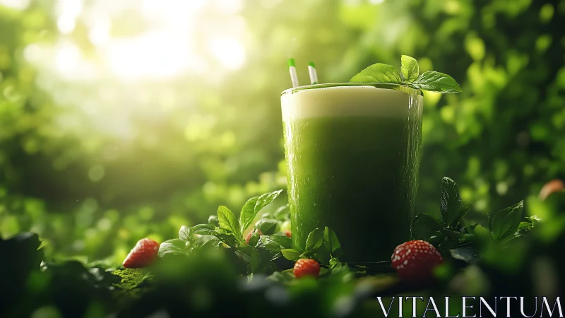 Green smoothie glass in lush sunlit garden setting.