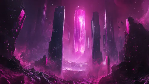 Vertical magenta crystal monoliths illuminate a fractured alien basin