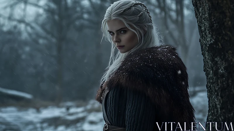 Photorealistic winter portrait with fur-clad fantasy warrior.