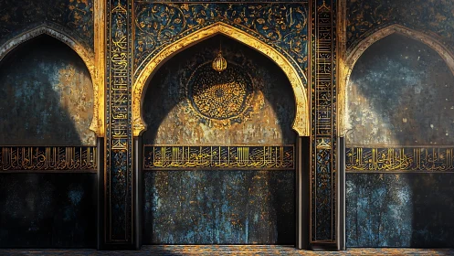 Digital painting of gilded Islamic arches and calligraphy wall.