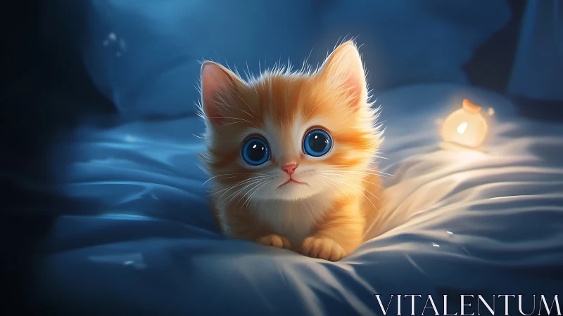 Illuminated Orange Kitten with Crystalline Blue Eyes in Ethereal Environment
