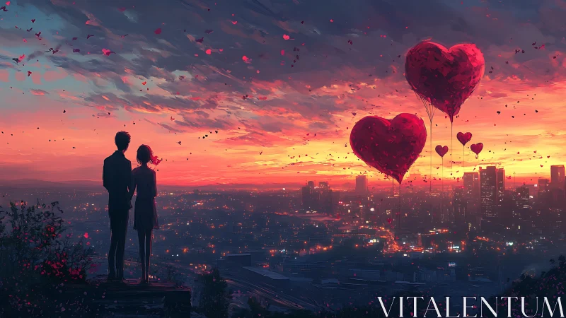 Crimson Hearts Rise Above the Burning City at Dusk