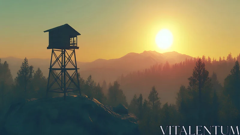 Wooden lookout tower silhouetted against volumetric sunrise haze
