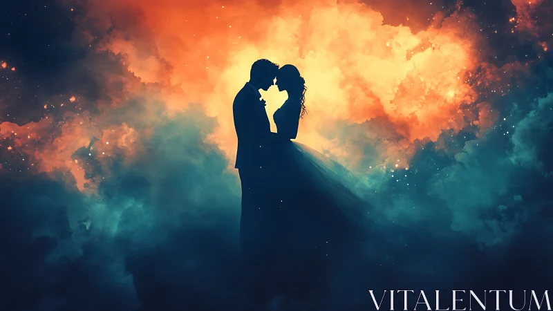 Romantic Silhouettes Embrace Against Fiery Cosmic Sky