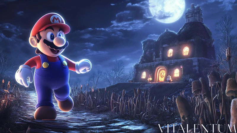 Cheerful plumber strides toward a glowing house at midnight