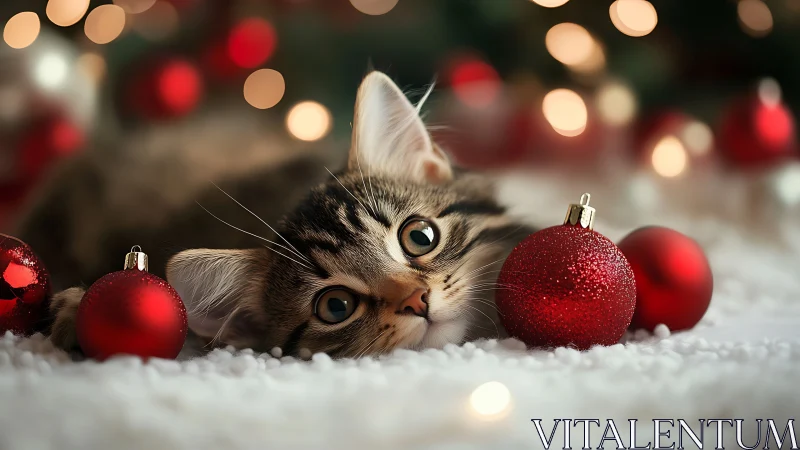 Kitten's Wonder Among Crimson Ornaments and Glowing Snow.