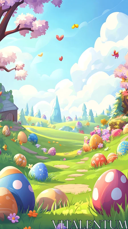 Pastel valley of spotted Easter dreams under candy skies.
