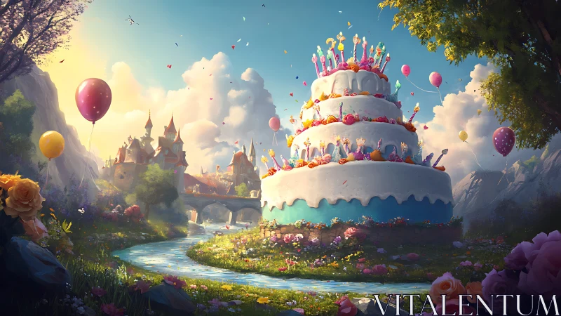 Monumental tiered cake structure in fantasy landscape with castle