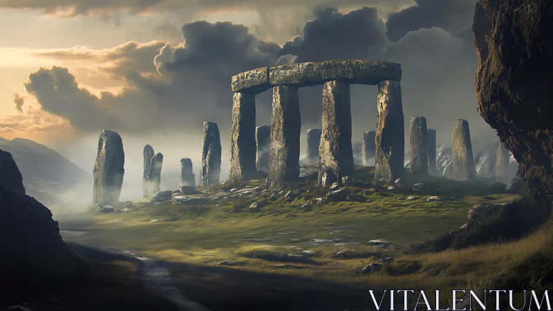 Ancient stone circle stands beneath storm laden twilight sky