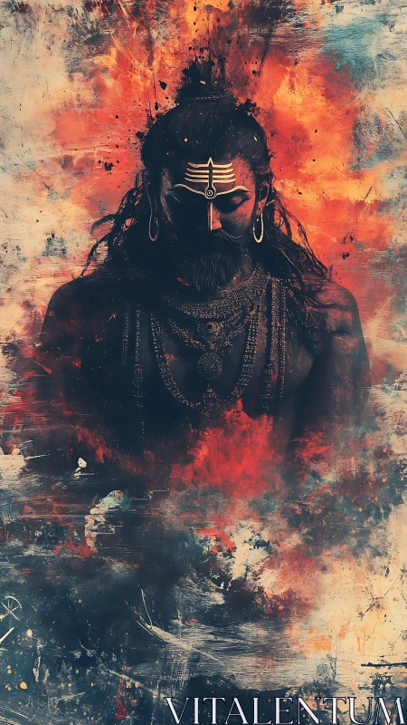 Fiery mystic stands in swirling clouds of cosmic silence