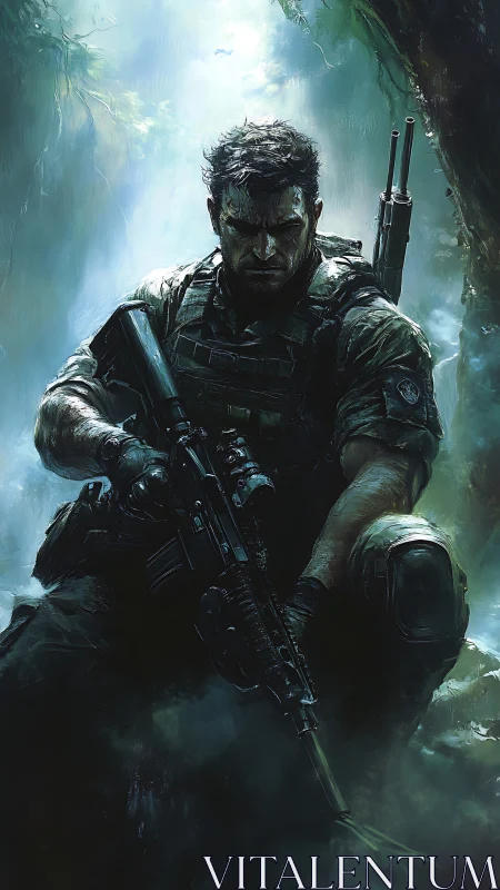 Battle-hardened soldier resting in a misty jungle light.