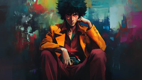 Moody anime drifter slouches amid neon-smeared colors