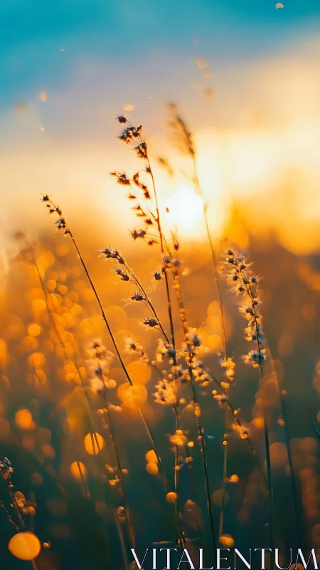 Backlit wild grasses under golden sunset bokeh glow.