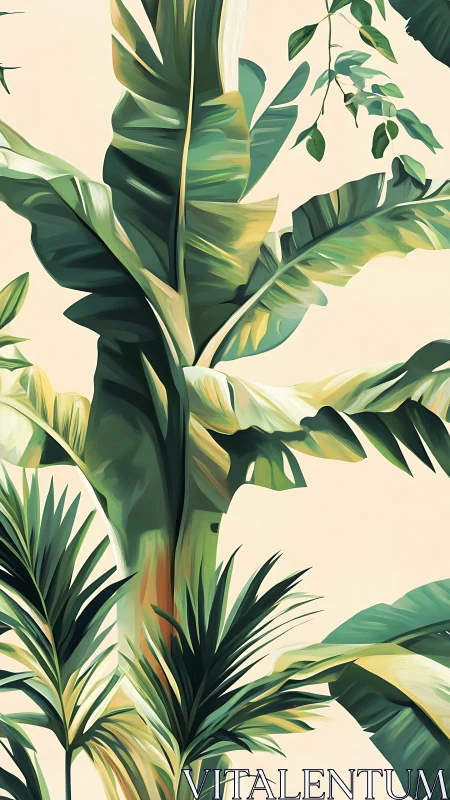 Stylized tropical foliage with layered banana palm leaves.