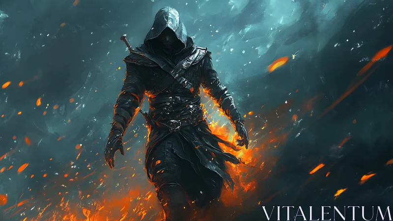Hooded armored figure walking through fire and embers.