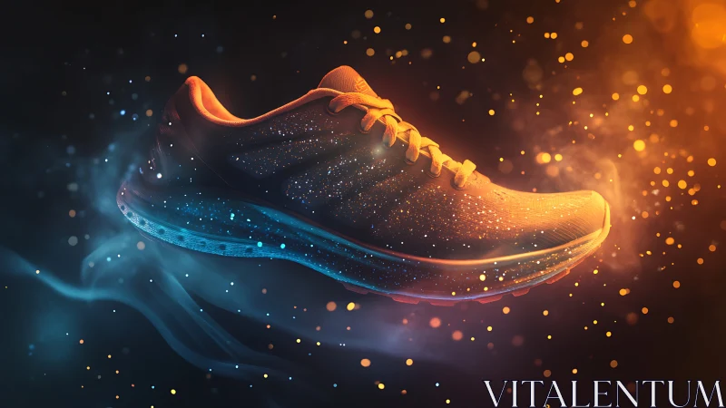 Running shoe render shows floating profile in colored particles