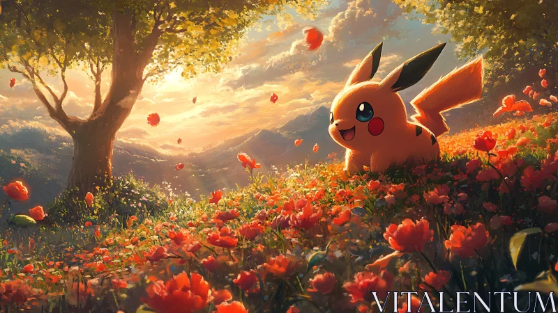 Sunny meadow magic with Pikachu in glowing wildflowers.