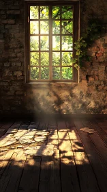Sunlit ivy window casts dappled light on worn floor.