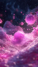 Neon pink cellular spheres swirl through cosmic liquid space.