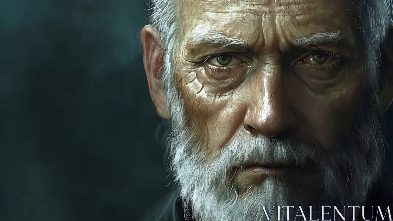Timeworn gaze of an elder in hyperreal digital portrait.