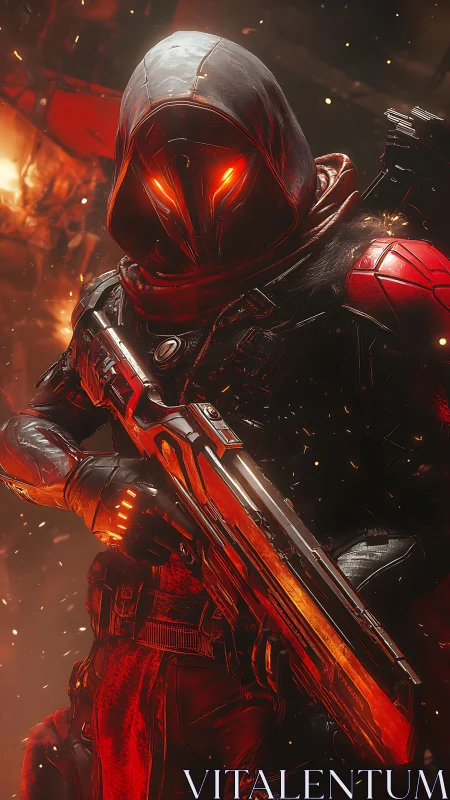 Hooded sci fi guardian glows with fierce ember light.