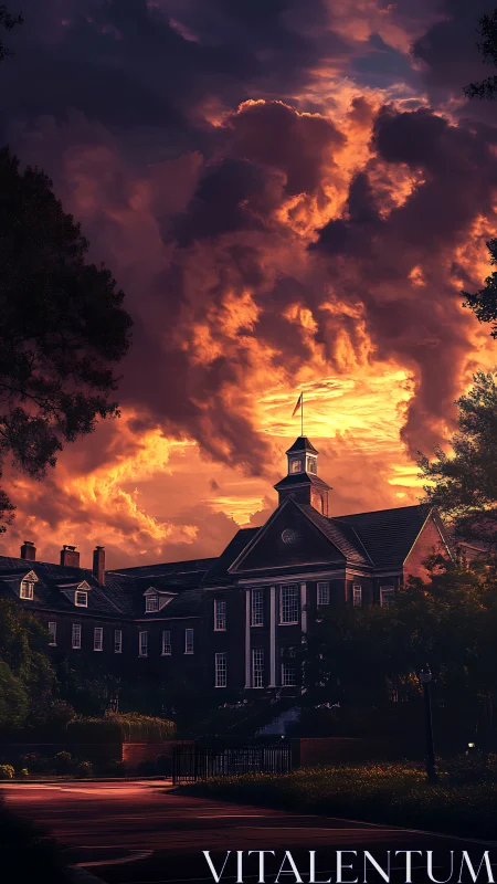 Collegiate brick mansion under dramatic backlit storm clouds