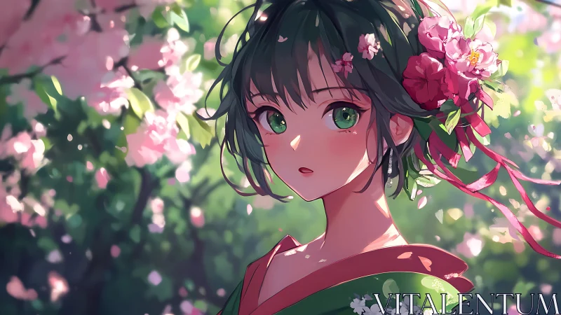 Green-eyed girl beneath soft cherry blossoms gazes quietly.
