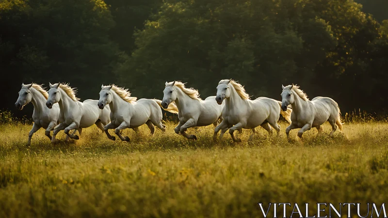 Galloping white horses in backlit meadow at golden hour light