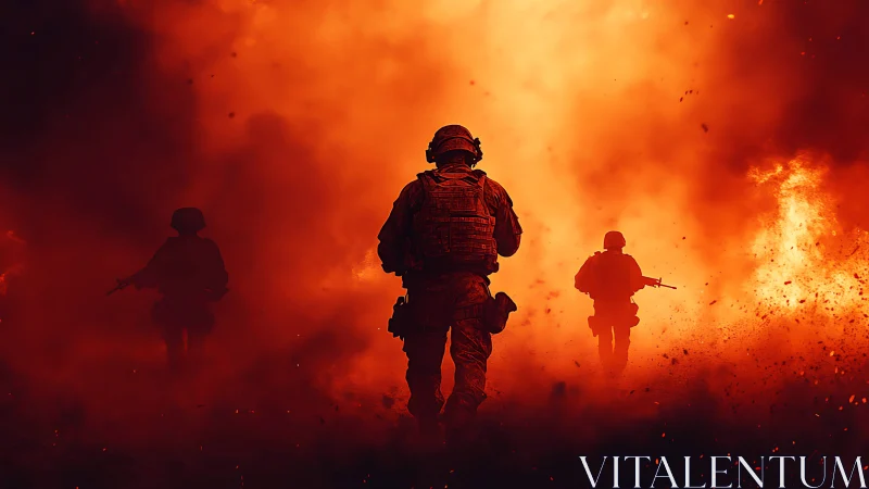 Military personnel advancing through smoke and explosions.