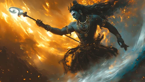 Fiery cosmic warrior dancing between storm and starlight.