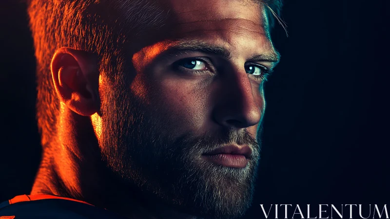 Bearded male portrait under cinematic teal and orange light.