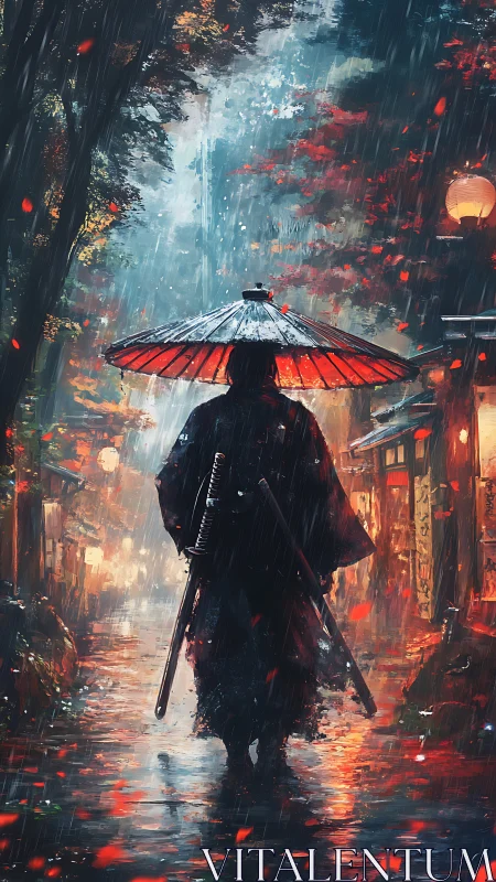 Rain-soaked ronin under ember umbrella on neon dusk street.