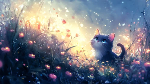 Luminescent Cat Amid Glowing Flora. Digital Fantasy.