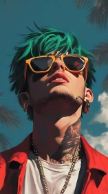 Neon-haired youth gazes upward under tropical sunlight