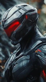 Futuristic black armored android with red visor in profile.