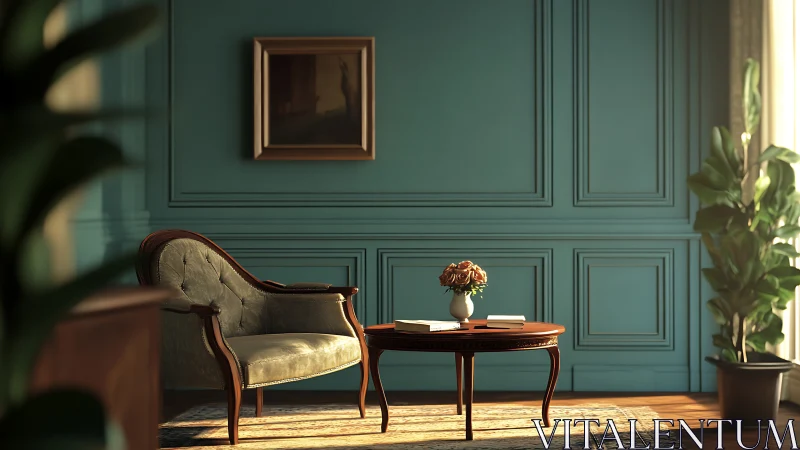 Velvet reading chair anchors teal paneled sitting room.