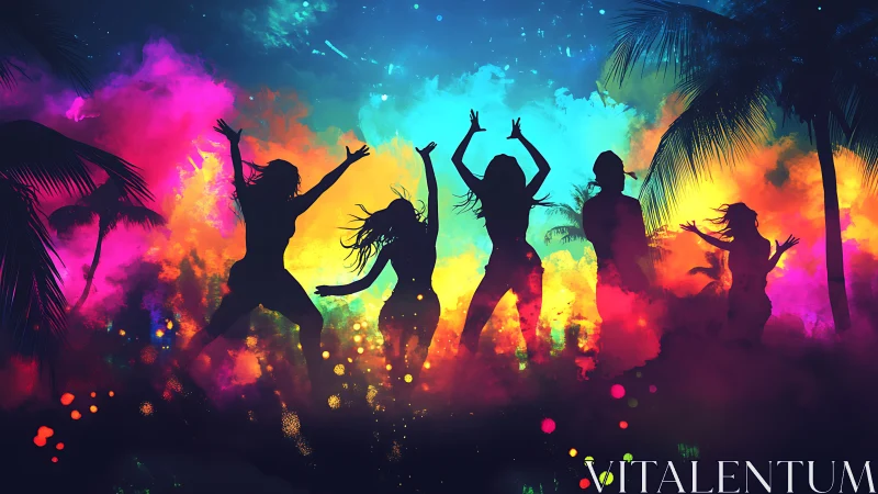 Colorful beach party dancers glowing in tropical night.