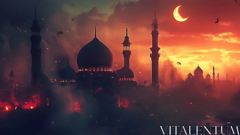 Digital painting of burning mosque skyline at crimson dusk.
