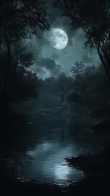 Full moon illuminates still river through dense forest night