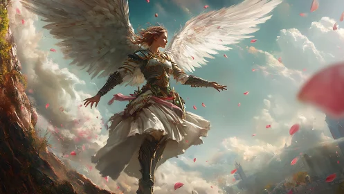 Armored skyborne seraph drifts through a storm of rose petals