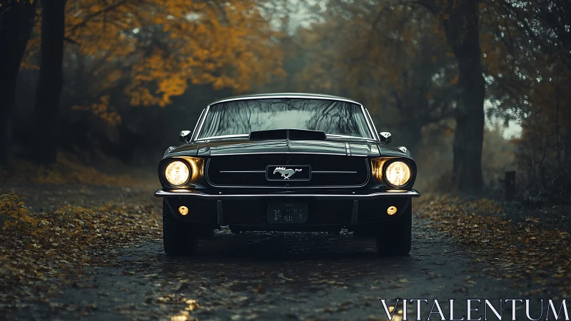 Black classic Ford Mustang parked on a forest road at dusk