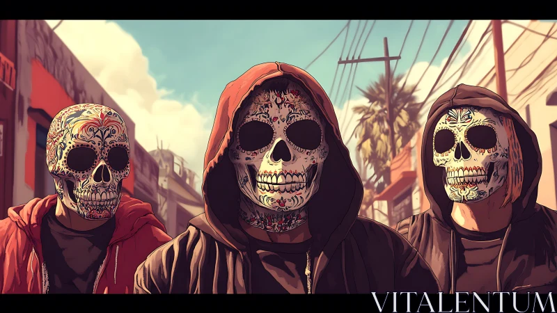 Hooded trio in sugar skull masks on sunlit urban street
