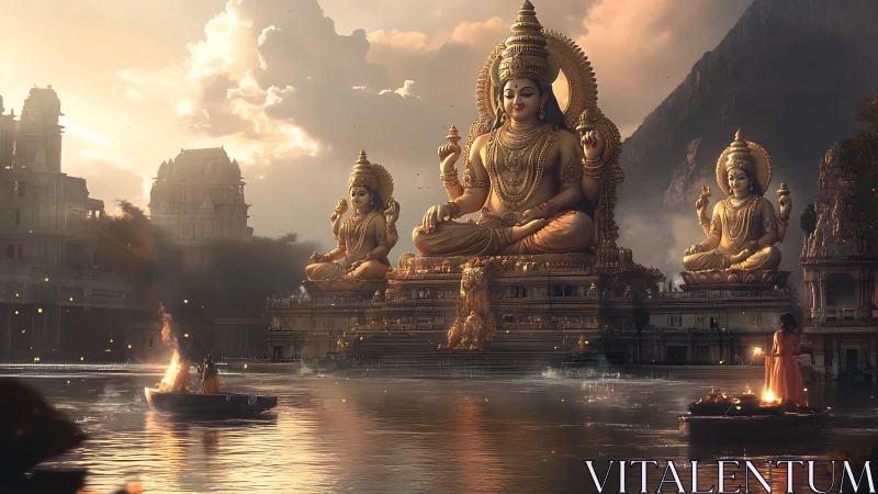 Majestic river temple with colossal golden deity statues.