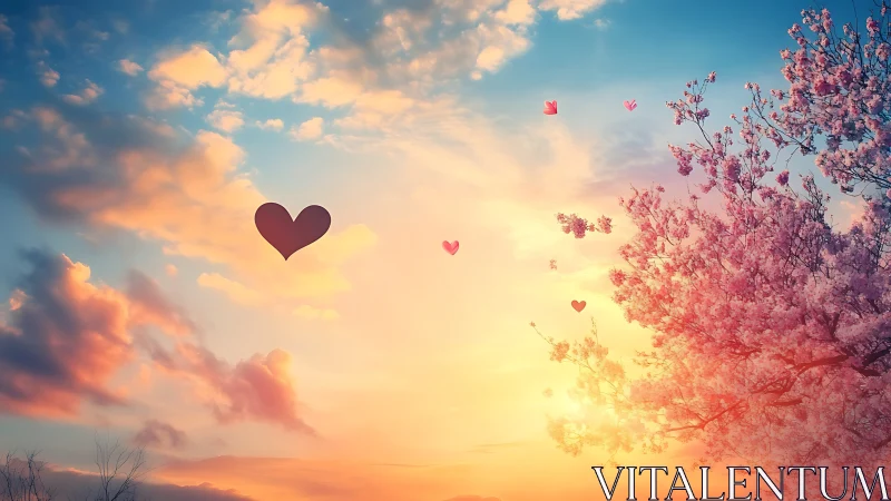 Pink flowering trees with heart shapes against sunset sky